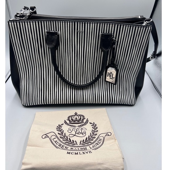 Lauren Ralph Lauren Handbags - Lauren Ralph Lauren Black White Striped Leather Satchel Tote Bag NEW RLL
